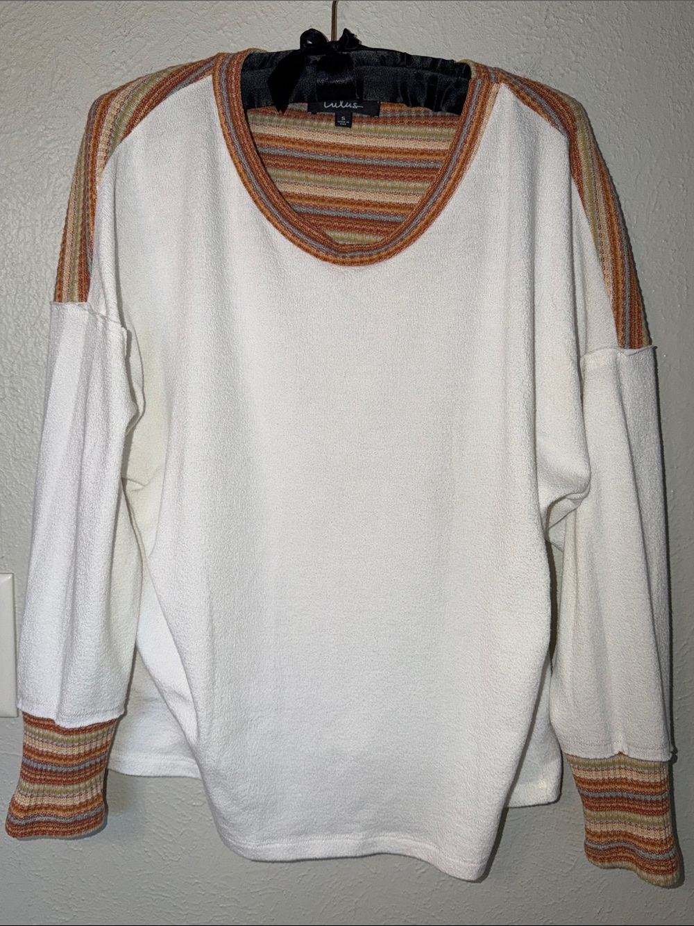 Lulus Ivory Pullover Knit Top w/ Contrast‎ Grunge Vintage Striped Trim Sz S - Picture 4 of 17